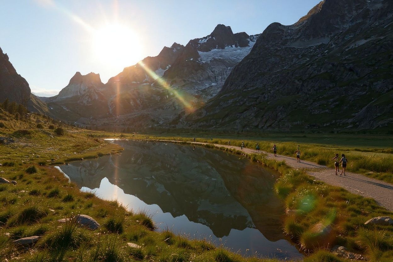 Competitors run at sunrise in the Combal lake area during the Ultra-Trail du Mont Blanc (UTMB), in Courmayeur, Italy on August 31, 2024. (Photo by EMMANUEL DUNAND / )