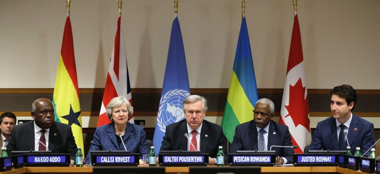 (L-R) President of Ghana, Nana Akufo-Addo, Prime Minister Theresa May, United Nations Secretary General Antonio Guterres, President of Rwanda Paul Kagame and Canadian Prime Minister Justin Trudeau attend “Call to Invest” African roundtable Inc. at United Nations headquarters in New York City on September 25, 2018. Source: Peter Foley/Pool/