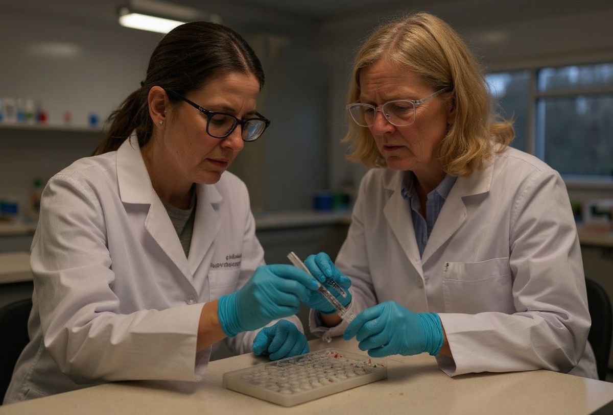 Nuclear Transfer Scientist, Anneke Walters, sorts through oocytes as they prepare them for an injection of  genetic modifications at the Revivicor Laboratories in Blacksburg, Virginia on November 22, 2024. – On a farm in the southern US state of Virginia, David Ayares and his research teams are breeding genetically modified pigs to transplant their organs into human patients. Revivicor, the biotech company Ayares leads, is at the forefront of xenotransplantation research — the implantation of animal organs into humans — which aims to solve a chronic organ shortage that has thousands of Americans dying each year. (Photo by Andrew Caballero-Reynolds / )
