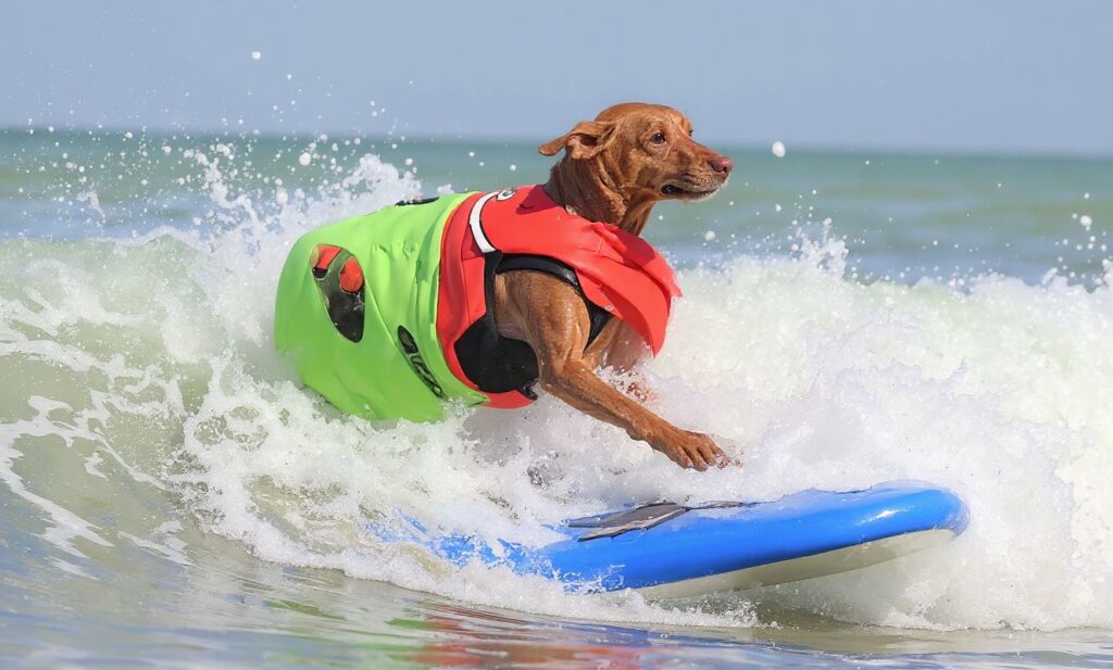 Surf dogs ride a wave at the annual Surf City Surf Dog event at Huntington Beach, California on September 25, 2021. (Photo by Frederic J. BROWN / )