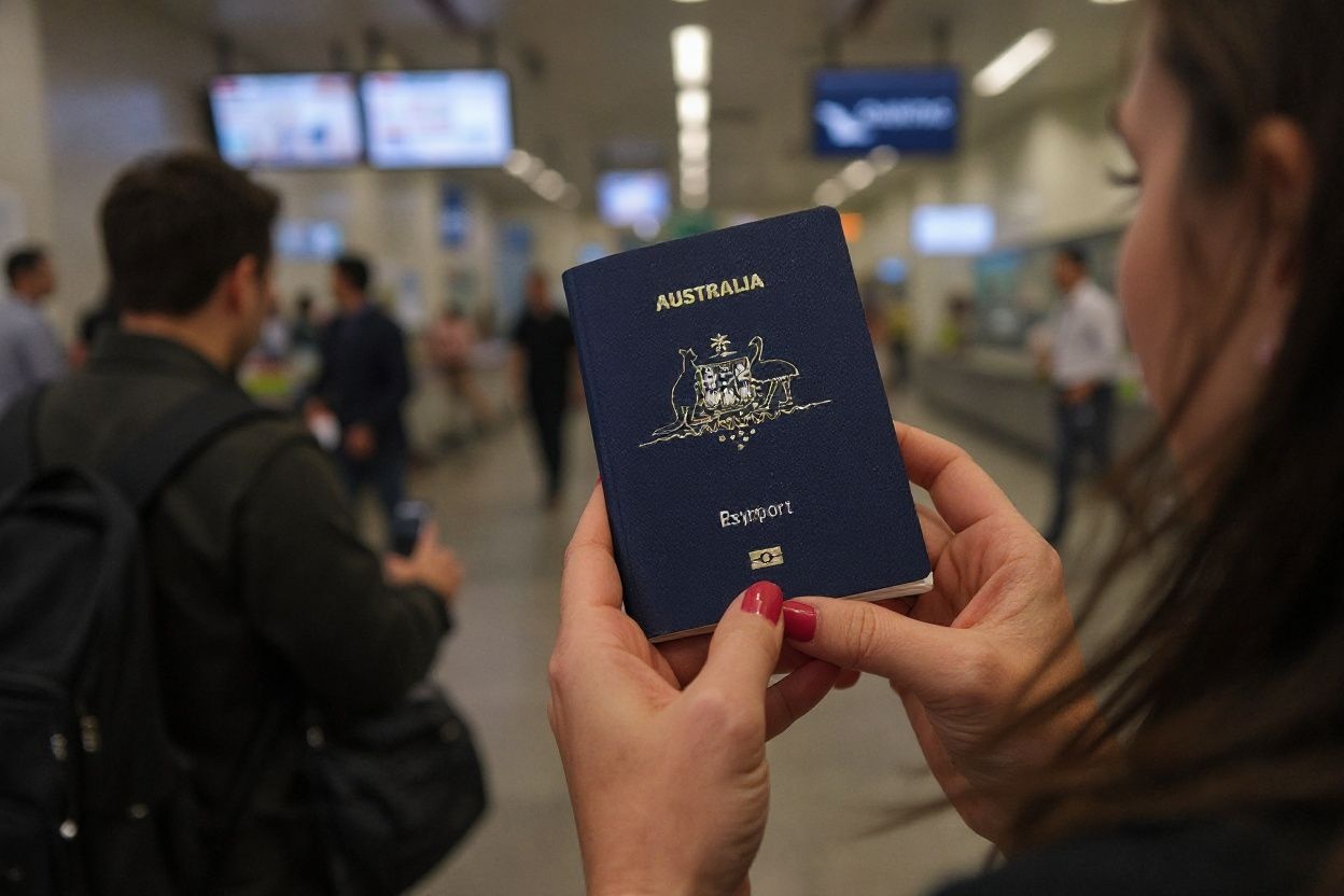 A traveler displays an Australian passport for a photograph  as they check-in for a flight to Sydney, Australia on Qantas Airways Ltd. inside the Tom Bradley International Terminal at Los Angeles International Airport (LAX) on November 1, 2021 in Los Angeles, California as Australia’s international border reopens almost 600 days after a pandemic closure began. (Photo by Patrick T. FALLON / )