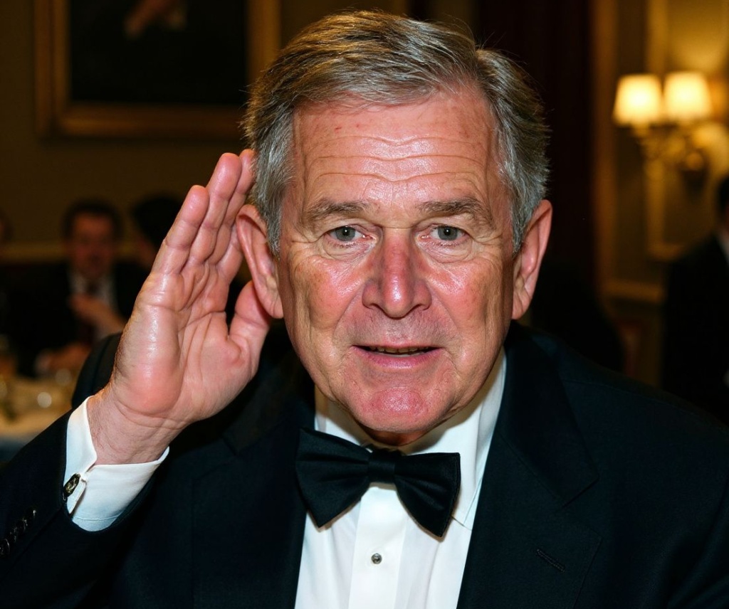 US President George W. Bush holds his hand close to his ear as he tries to listen to a reporter talking to him at the White House Correspondents’ Association Dinner in Washington, DC 28 April 2001.  Bush was the featured performer at the annual dinner where he trotted out humorous photos from the Bush family scrapbook.    PHOTO/Manny CENETA (Photo by Manny CENETA / )