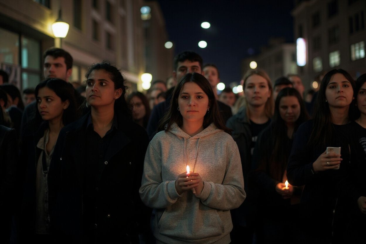 New York University (NYU) students attend a vigil for the victims of the mass shooting in Las Vegas, on October 2, 2017 in New York. – The death toll from the deadliest mass shooting in US history rose to 58 on Monday as officials reacted cautiously to an Islamic State claim of responsibility for the massacre at a concert on the Las Vegas Strip. Police said Stephen Craig Paddock, 64, a wealthy former accountant, smashed windows in his 32nd floor hotel room Sunday night and trained bursts of automatic weapons fire on concert-goers below. (Photo by Jewel SAMAD / ), shot on Canon EOS R5, 24-70mm f/2.8 lens, RAW photograph, unedited, candid moment, natural lighting, photojournalistic style | NEGATIVE: AI generated, artificial, computer generated, digital art, 3d render
