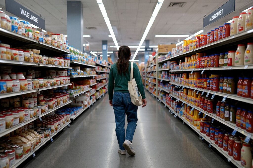 A shopper through a grocery store in Washington, DC, on April 12, 2022. – Americans paid more for gasoline, food and other essentials last month amid an ongoing wave of record inflation made worse by Russia’s invasion of Ukraine, according to government data released Tuesday. (Photo by Stefani Reynolds / )