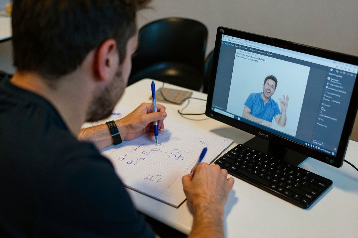 Educator Scott Slivken writes backwards so his students can read his writing over webcam as he helps his students solve math problems. Source: Alex Edelman/