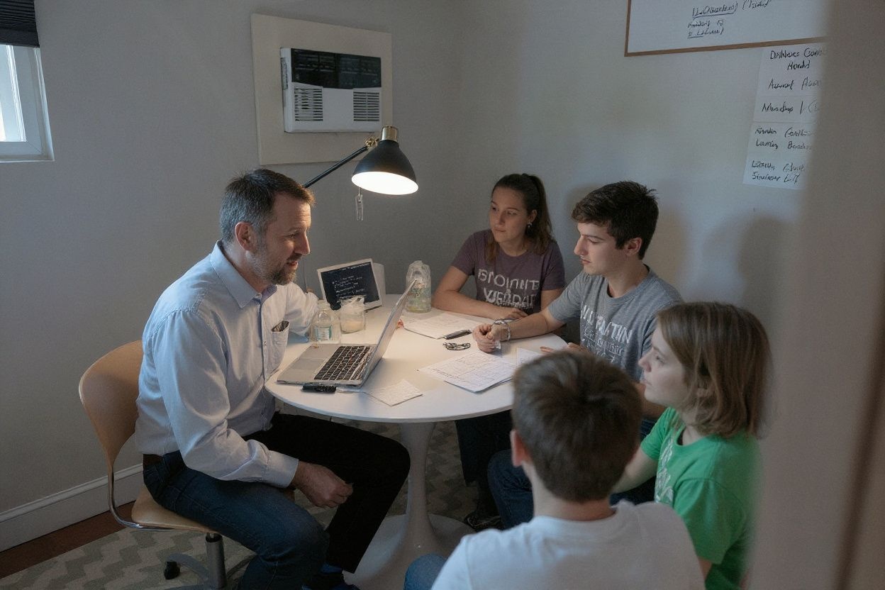 Educator Scott Slivken helps his students solve math problems as he holds virtual office hours with his sixth grade students. Source: Alex Edelman/
