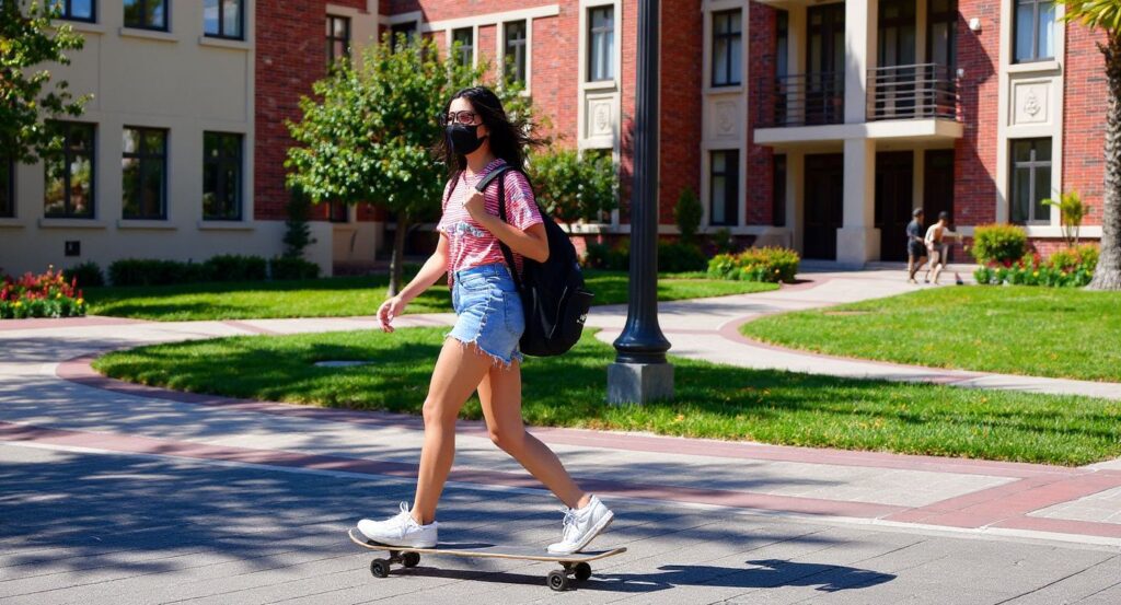 A student skateboards to campus at the University of Southern California (USC) in Los Angeles, California on August 25, 2020 where coronavirus cases have seen an alarming increase with more than 100 students in quarantine from cases originating in off-campus housing. (Photo by Frederic J. BROWN / )