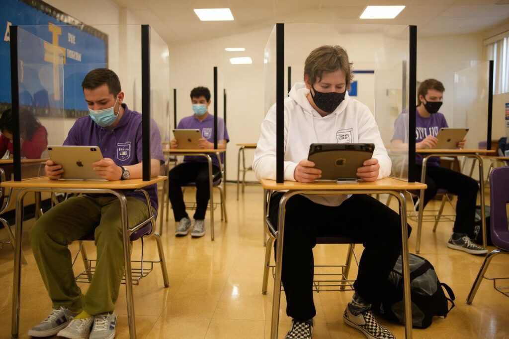 Students sitting behind barriers work on Apple iPad tablets as they return to in-person learning at St. Anthony Catholic High School during the Covid-19 pandemic on March 24, 2021 in Long Beach, California. – The school of 445 students implemented a hybrid learning model, with approximately 60 percent of students returning to in an in-person classroom learning environment with Covid-19 safety measures including face masks, social distancing, plexiglass barriers around desks, outdoor spaces, and schedule changes. (Photo by Patrick T. FALLON / )