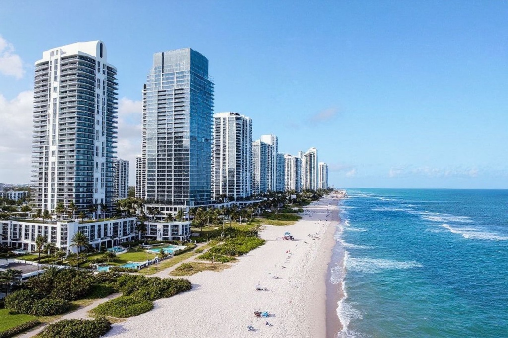Luxury hotels and apartment buildings are seen in Sunny Isles Beach, Florida on March 8, 2022. (Photo by CHANDAN KHANNA / )