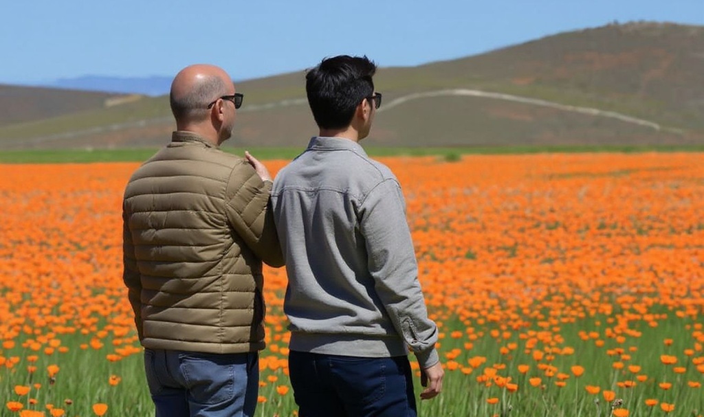 People visit the Antelope Valley California Poppy Reserve in Lancaster, California, to view the flowers blooming on April 6, 2023. – Californias biologically diverse landscapes are home to more than 7,000 species of native plants, and the California Poppy, also known as golden poppy, a flowering plant native to the United States and Mexico became the official state flower in 1903. (Photo by Frederic J. BROWN / )