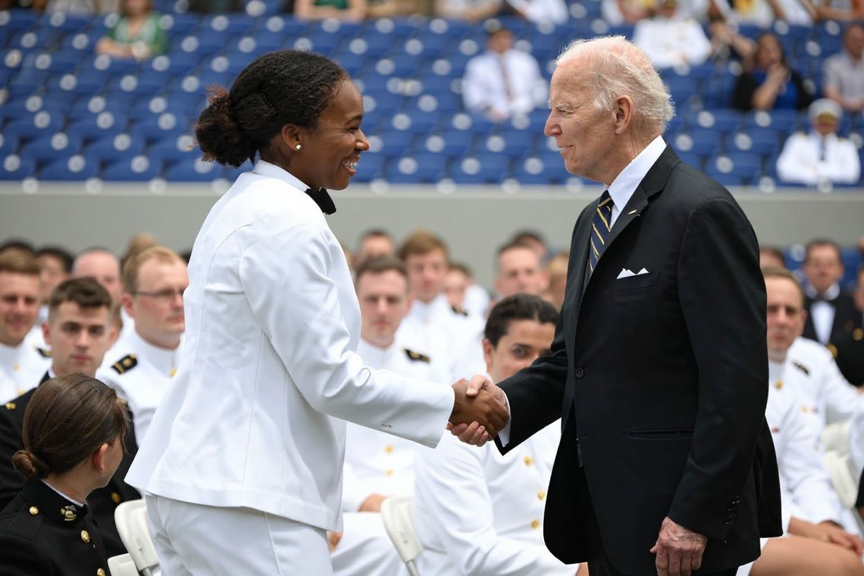 Graduate and 2022 Rhodes Scholarship recipient Sarah Skinner is congratulated by US President Joe Biden during the US Naval Academy’s Class of 2022 graduation. Skinner will be pursuing a Master of Philosophy degree in International Relations at Oxford.