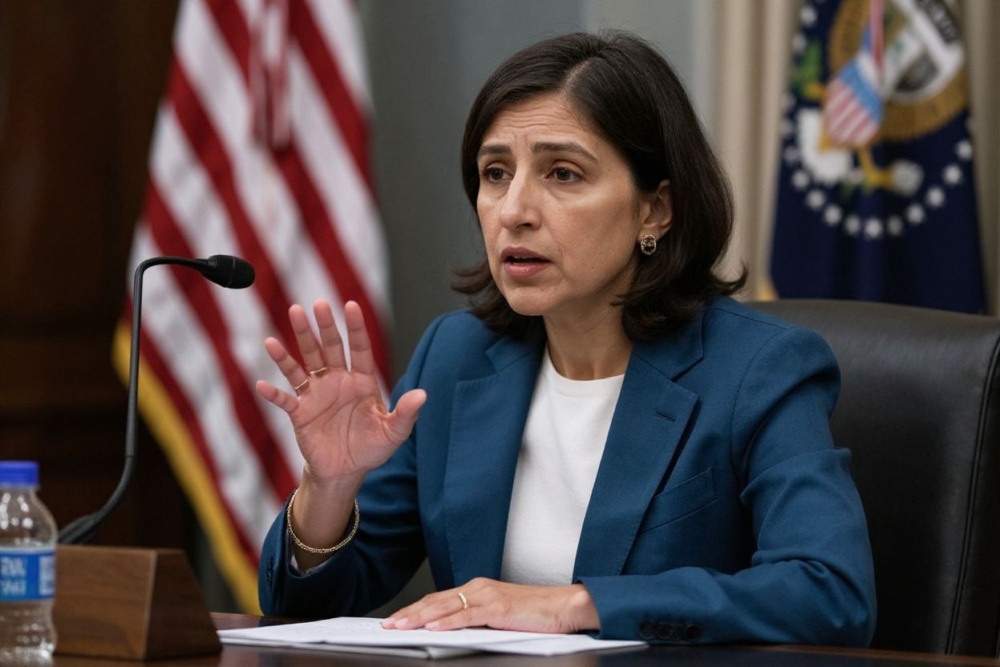 Lina Khan testifying during a  Senate Committee on Commerce, Science, and Transportation confirmation hearing on Capitol Hill in Washington, DC back in April. Source: Graeme Jennings/Pool/