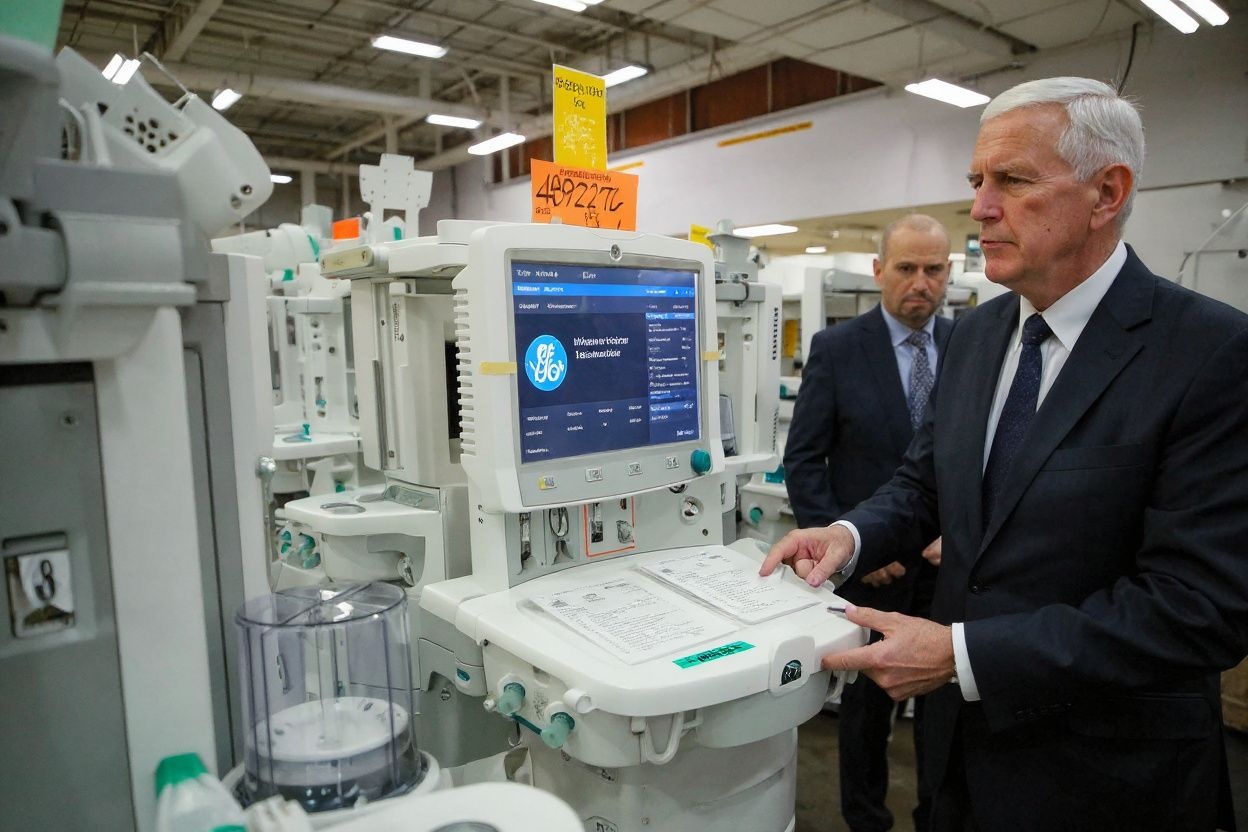Finished GE digital anesthesia carestation stand as US Vice President Mike Pence tours GE Healthcare Manufacturing Facility in Madison, Wisconsin, on April 21, 2020. – Pence toured the manufacturing plant to highlight the companys production of ventilators during the COVID-19 pandemic. (Photo by KAMIL KRZACZYNSKI / )