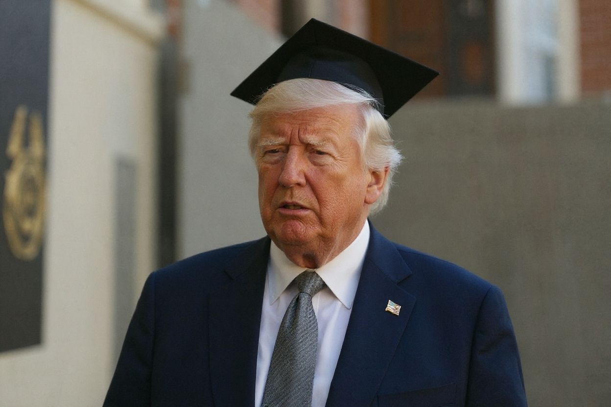 Trump famously graduated from Penn’s Wharton School in 1968 — a fact he reminds audiences of over and over again., shot on Canon EOS R5, 24-70mm f/2.8 lens, RAW photograph, unedited, candid moment, natural lighting, photojournalistic style | NEGATIVE: AI generated, artificial, computer generated, digital art, 3d render