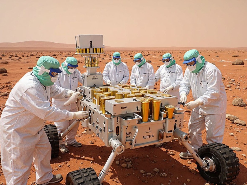 NASA photo showing engineers and technicians insert 39 sample tubes into the belly of the Mars rover, as each tube is sheathed in a gold-coloured cylindrical enclosure to protect it from contamination, the perseverance rover will carry 43 sample tubes to the Red Planet’s Jezero Crater. Source: NASA/JPL-CALTECH/