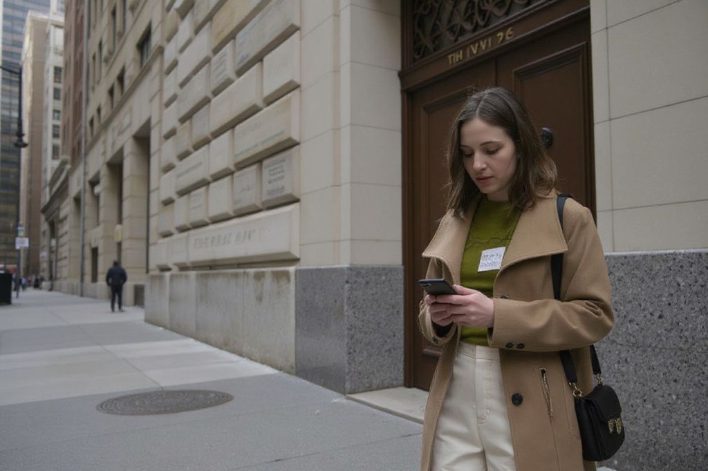 A woman checks her mobile phone outside the Federal Reserve Bank of New York on January 18, 2023 in New York City. Wall Street stocks climbed early on January 18, 2023, on easing worries about further Federal Reserve moves to aggressively counter inflation following the latest US economic data. (Photo by ANGELA WEISS / )