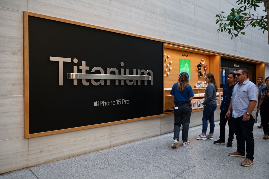 Apple iPhone 15 Pro titanium signage is displayed at The Grove Apple retail store on release day in Los Angeles, California, on September 22, 2023. (Photo by Patrick T. Fallon / )