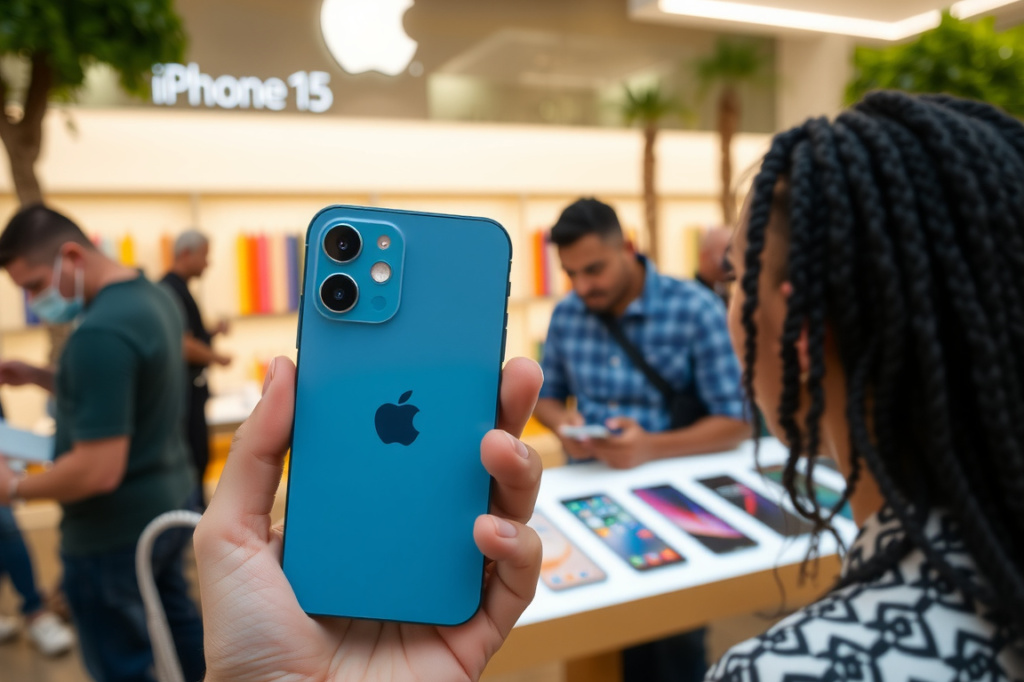 A customer holds an Apple iPhone 15 series device displayed for sale at The Grove Apple retail store on release day in Los Angeles, California, on September 22, 2023. (Photo by Patrick T. Fallon / ), shot on Sony A7R IV, 85mm f/1.4 lens, RAW photograph, unedited, candid moment, natural lighting, photojournalistic style | NEGATIVE: AI generated, artificial, computer generated, digital art, 3d render