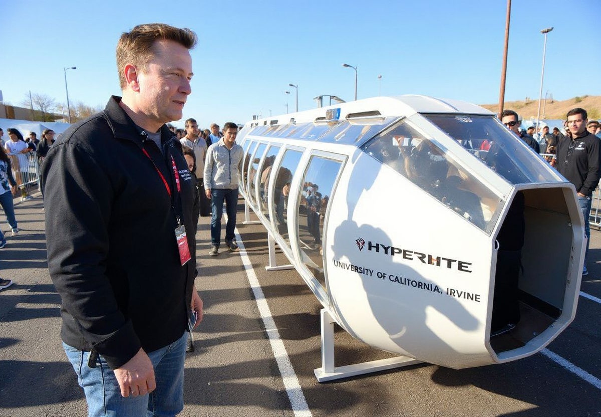 Space X CEO Elon Musk (C) checks out the HYPERXITE University of California, Irvine pod during the SpaceX Hyperloop competition in Hawthorne, California on January 29, 2017. Students from 30 colleges and universities from the US and around the world are taking part in testing their pods on a 1.25 kilometer-long Hyperloop track at the SpaceX headquarters. (Photo by Gene Blevins / )