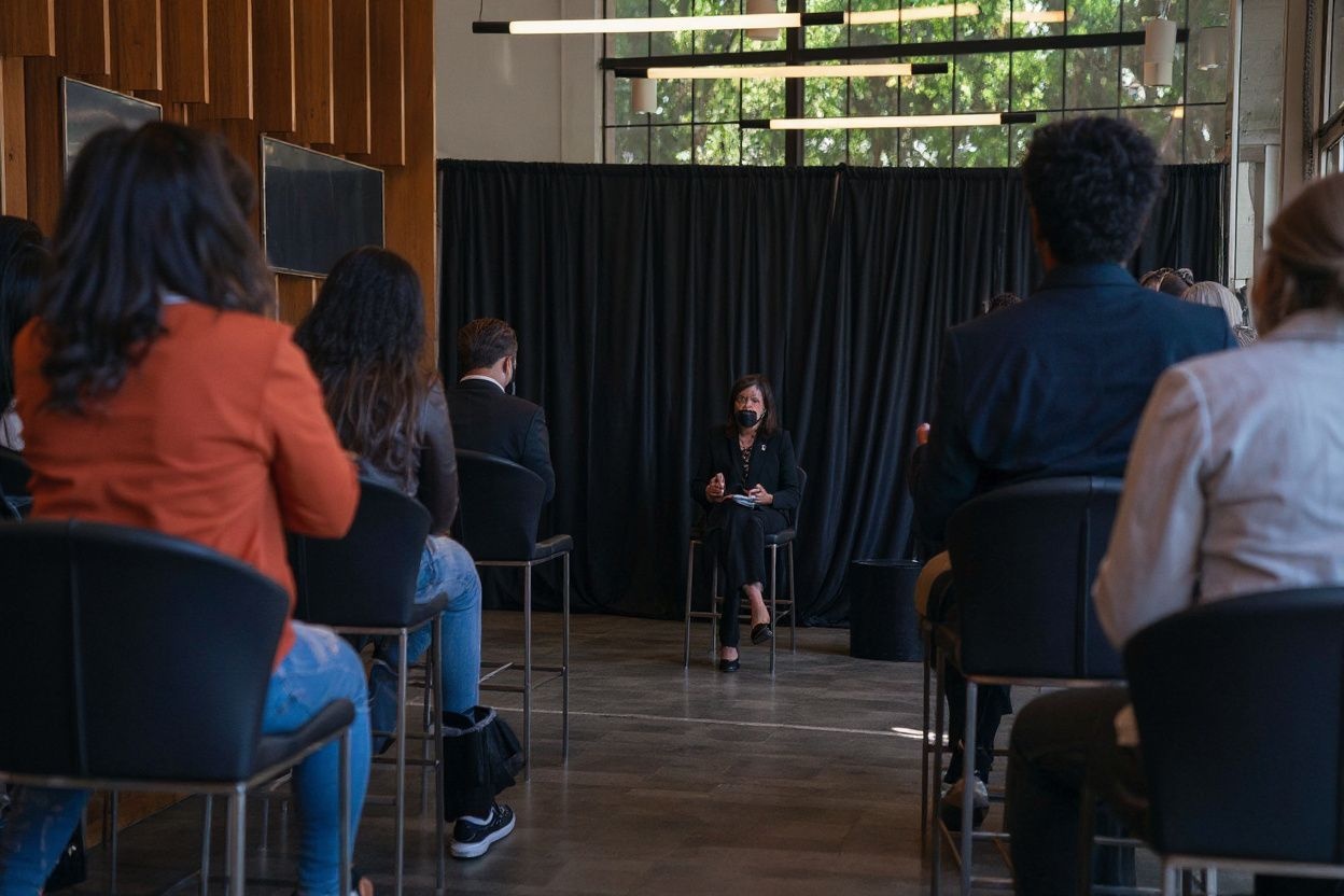 Kamala Harris, Democratic Vice Presidential nominee, speaks to a group of students from HBCUs (Historically black colleges and universities). Source: Elijah Nouvelage/