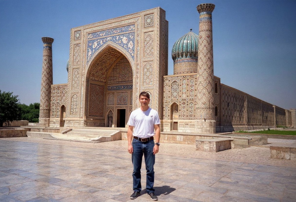 A tourist poses in front of Ragestan palace, in the ancient Uzbek city of Samarkand Source: .