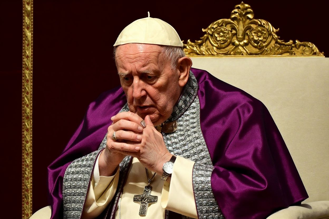 Is Pope Francis annoyed or praying? It’s between him and God – literally. Source: