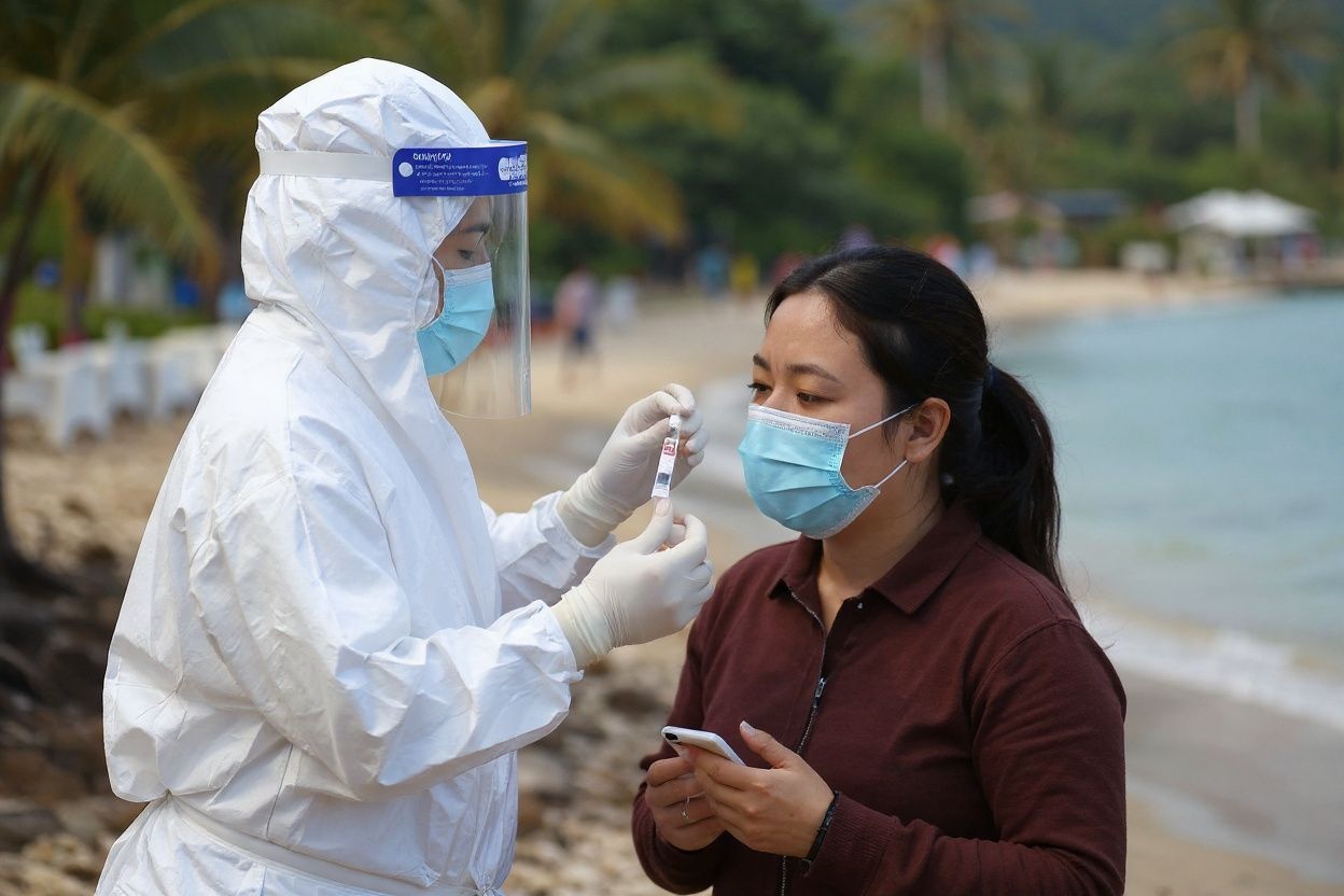 A medical worker takes a test sample for the Covid-19 virus from a South Korean tourist on Phu Quoc island on November 20, 2021, as the island welcomes its first international tourists to arrive after a Covid-19 coronavirus vaccine passport scheme kicked off this month in Vietnam. (Photo by Nhac NGUYEN / )