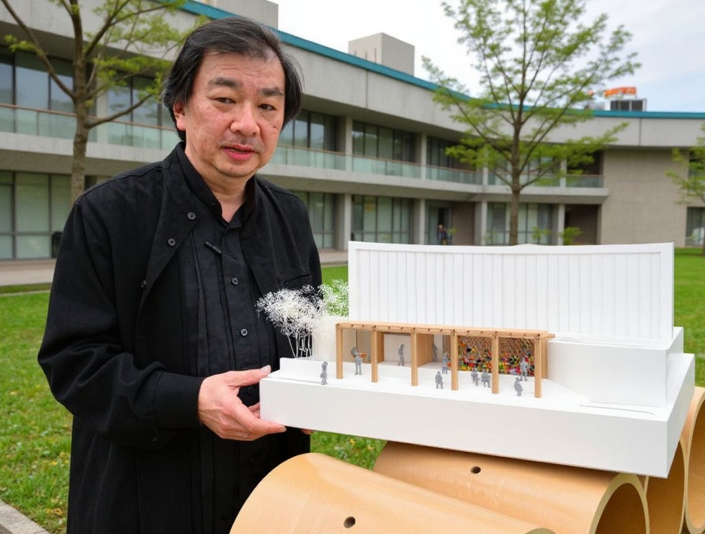Japan’s 2014 Pritzker Architecture Prize winner Shigeru Ban displays a scale model of his designed pavilion built in the grounds of the Brazilian embassy in Tokyo for the FIFA World Cup in Brazil  on June 10, 2014.  Ban’s cardboard construction was due to be finished on June 9. But ferocious downpours that have pounded Japan in the past few days in a particularly severe start to the rainy season have prevented work on the pavilion. Press who turned up for the preview on June 10 were treated to the sight of a job half done.    PHOTO / Yoshikazu TSUNO (Photo by YOSHIKAZU TSUNO / )