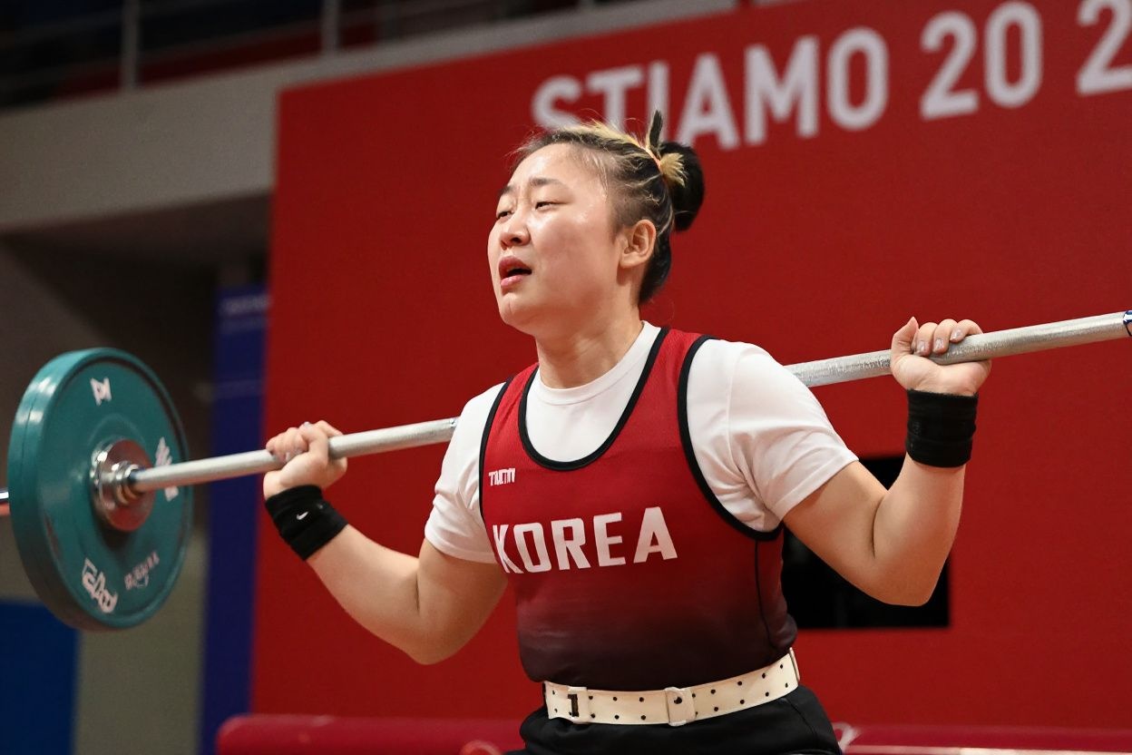South Korea’s Kim Su-hyeon reacts as she competes in the women’s 76kg weightlifting competition during the Tokyo 2020 Olympic Games at the Tokyo International Forum in Tokyo on August 1, 2021. (Photo by Luis ACOSTA / )